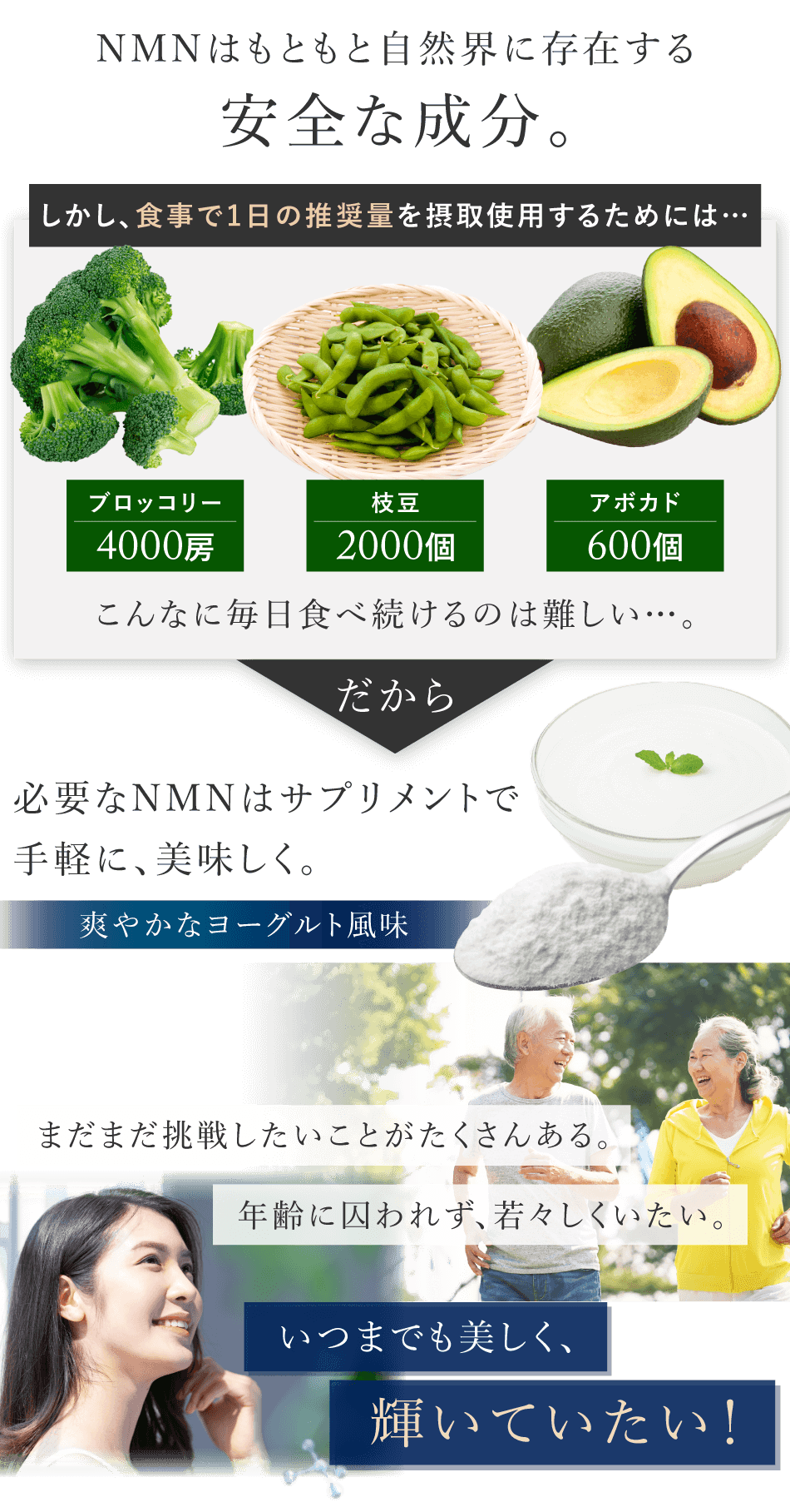 食事からNMNを摂取するのは大変だから、サプリメントで手軽に美味しく。